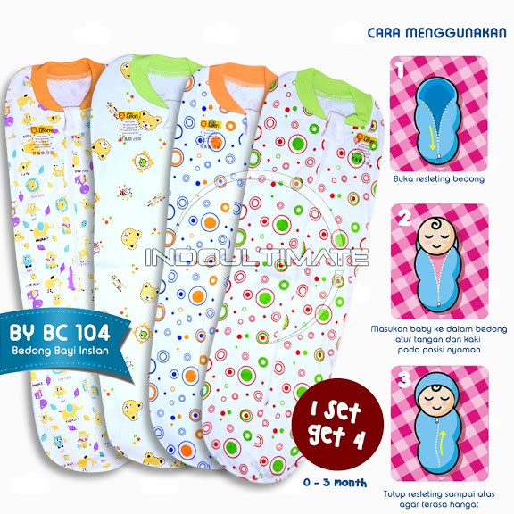 4pcs Double Knit Bedong Bayi BABY LEON Instan 100% COTTON tebal BC-104 bedong instan - Random Motif BC-102