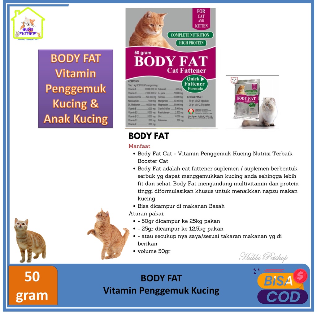 Vitamin Kucing - Vitamin Penggemuk Kucing &amp; Kitten - BODY FAT 50gram - Nutrisi dan vitamin Kucing