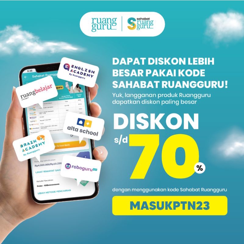 KODE PROMO APLIKASI BIMBEL ONLINE RUANGGURU [voucher diskon tryout utbk 2023 brain academy roboguru 