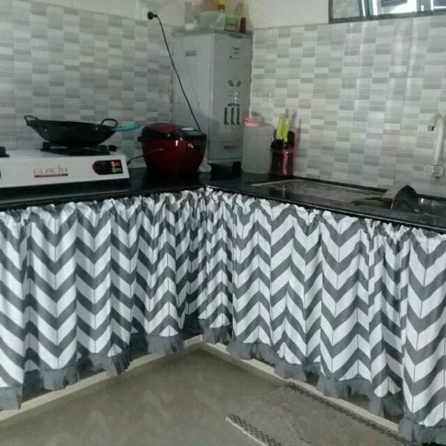 Gorden bawah kompor/Gorden kolong dapur/Gorden meja dapur katun panca motif Retro Abu-Abu