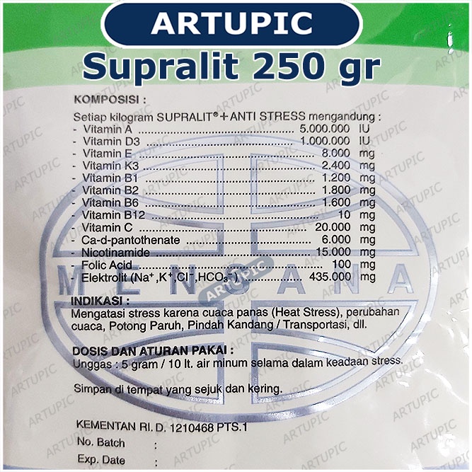 Supralit PLUS 250 gram Anti Stres Elektrolit Vitamin Unggas Ayam Mensana Artupic