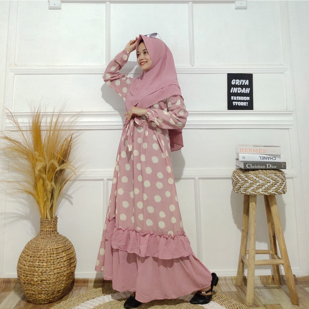 Gamis Monalisa Set Syar i non Renda & Hijab Ceruty 2 layer LD 110-114cm / pasmina plisket ceruty
