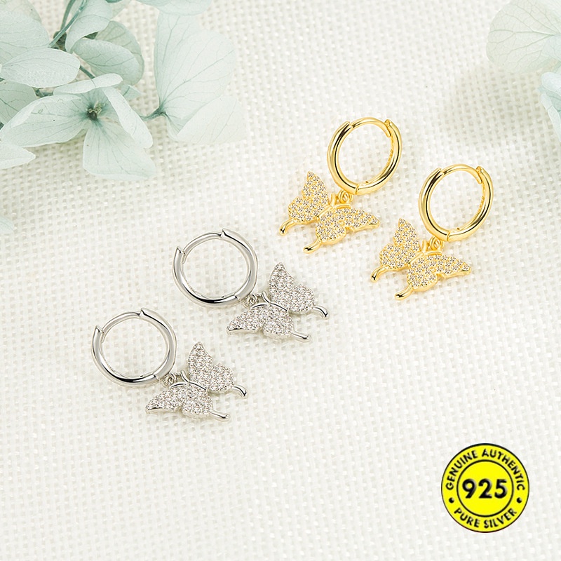 Anting Tusuk Sterling Silver 925 Lapis Emas 18K Desain Kupu-Kupu Hias Zircon AAA Untuk Wanita