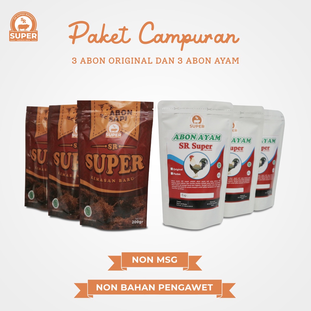 

6PC MIX 3PC ABON SR SUPER 200GR DAN 3PC ABON AYAM PEDAS 200GR