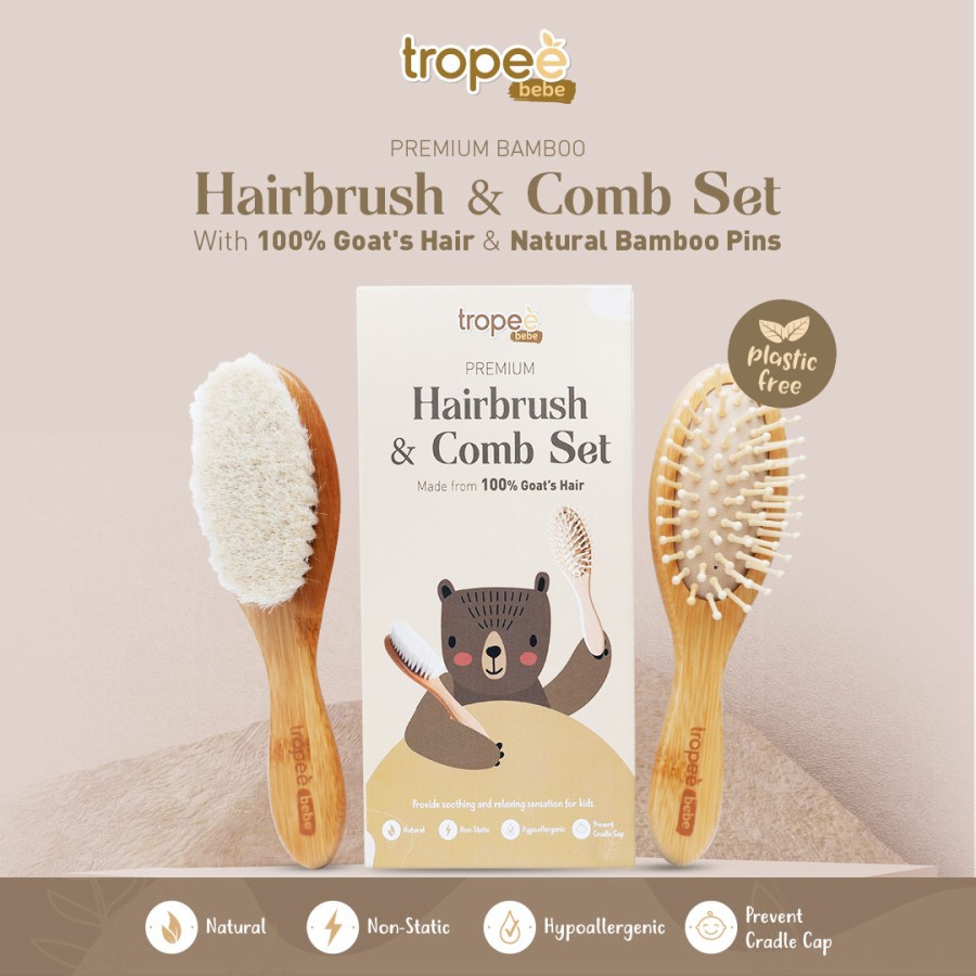 Tropee Bebe HAIRBRUSH &amp; COMB Premium Set Sisir Bamboo / Sisir Bayi Anak Bamboo