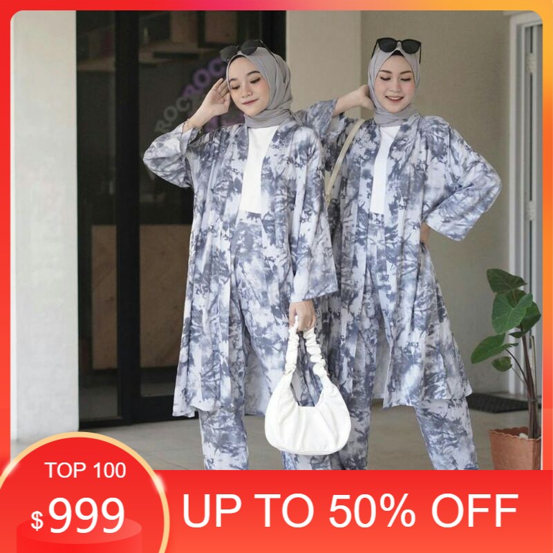 One Set Tie Dye Cardi Leika Baju Setelan Daily Wanita Muslim Motif Abstrak Busui Rayon UNIQLO Murah