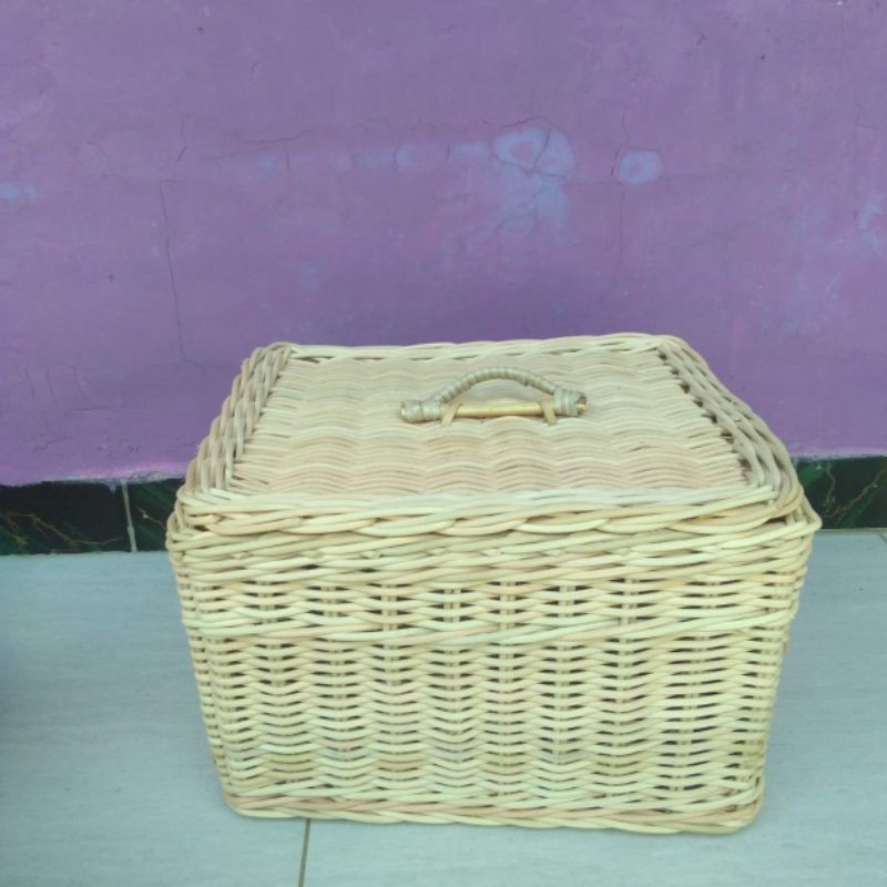 Keranjang tutup rotan besar persegi kotak penyimpanan barang keranjang motor belakang depan 35x30x21 cm