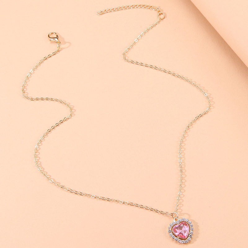 Kalung Rantai Liontin Hati Hias Kristal Zircon Imitasi Bahan Alloy Warna Pink Untuk Wanita