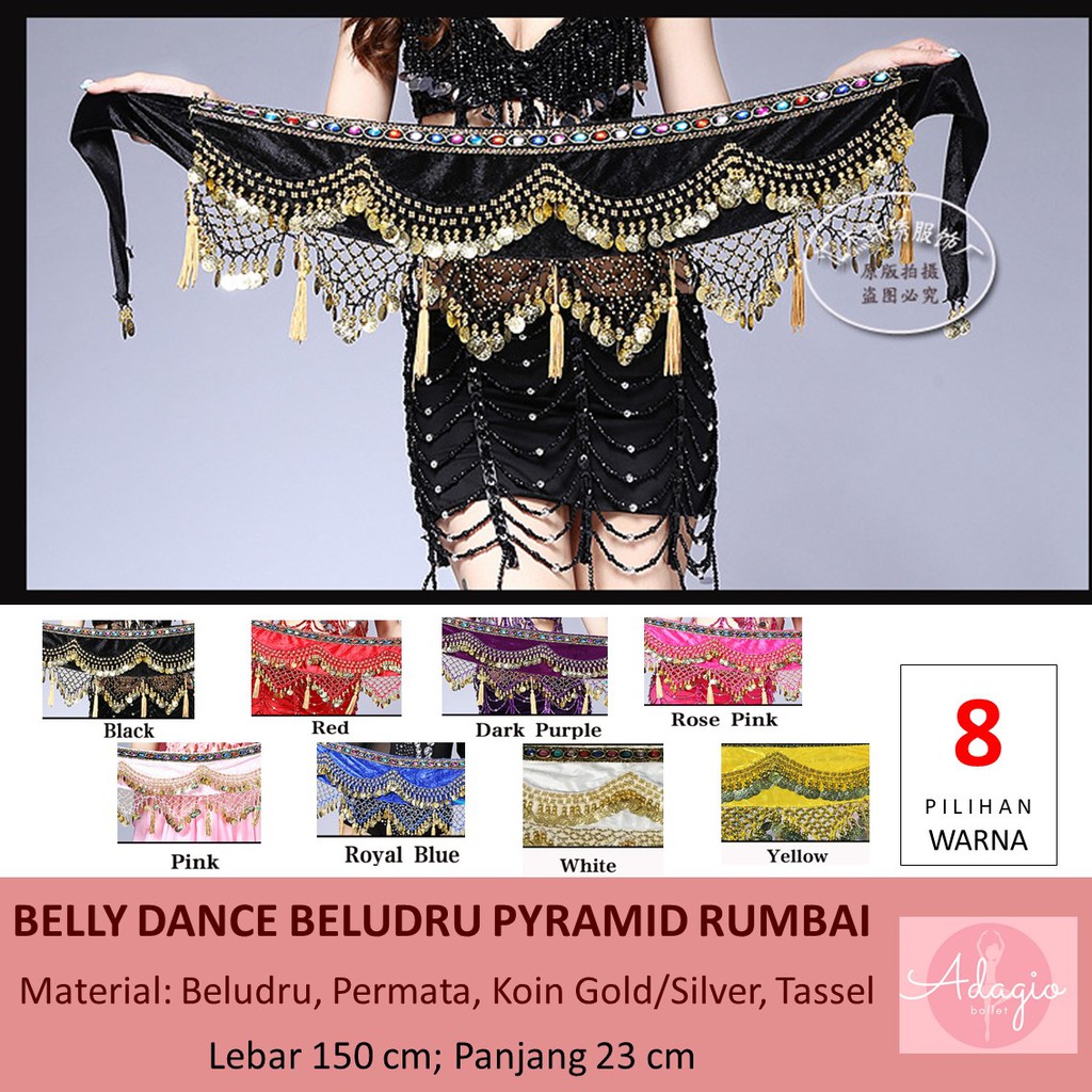 BELLY DANCE BELT PYRAMID SELENDANG PINGGUL TARI PERUT TARI TAMBORIN INDIA KOSTUM PENTAS PIRAMID SEGITIGA RUMBAI BELUDRU