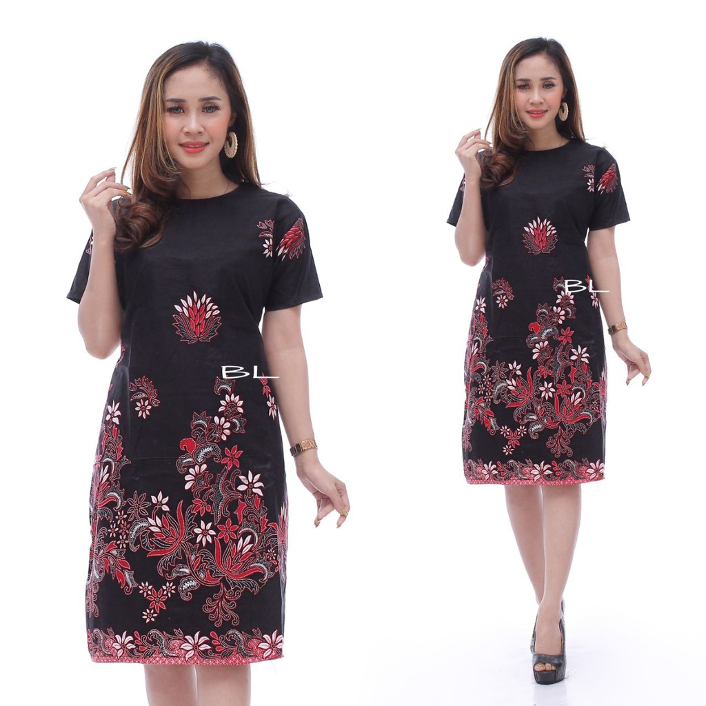 PAKAIAN BATIK WANITA JUMBO DRESS  XXXXL / 4L LENGAN PENDEK MOTIF BUNGA SAKURA MERAH MODEL BARU-01