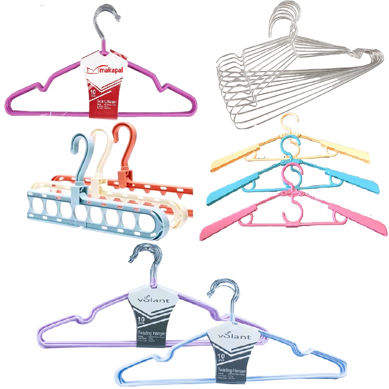 MAKAPAL & VOLANT Gantungan Baju Kawat DEWASA 40 CM / Hanger Plastik Warna, BANDAR FULL Stainless Steel isi 10 pcs Sambungan Hanger, Sepatu