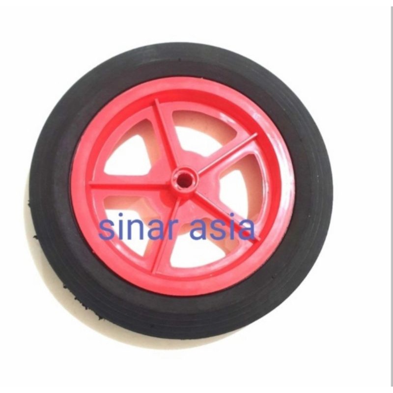 Roda belakang tricycle ( ban karet + velg plastik) per pcs - diameter as lubang 1cm &amp;  lebar velg 14.5cm