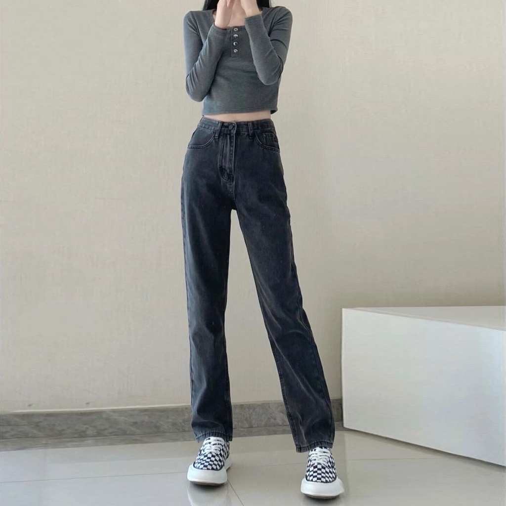 hitam new high waist straight leg celana jeans panjang wanita