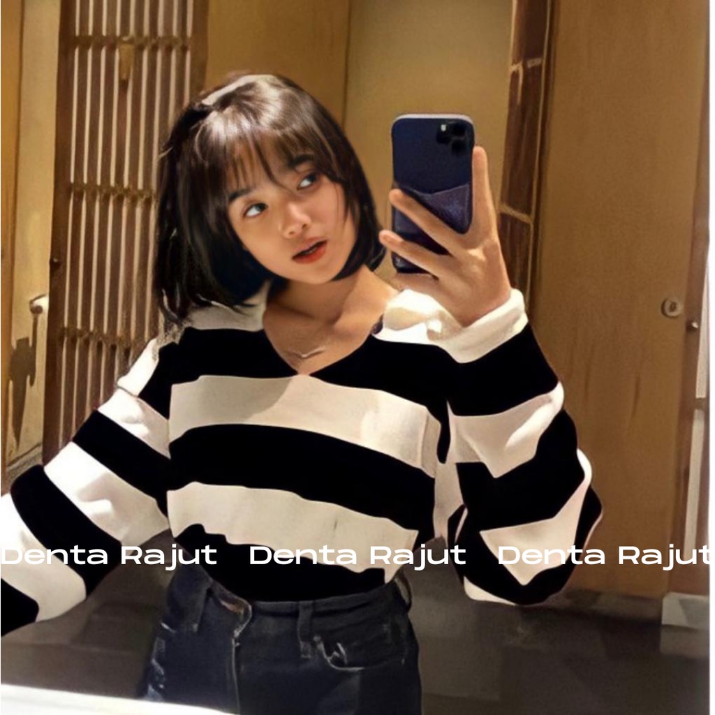 SWEATER FUJI /BAJU RAJUT FUJI /SWEATER CROP FUJI/FUJI/CROP RAJUT ALDA STRIP READY GARIS OVERSIZE BLOUSE RAJUT MOTIF GARIS