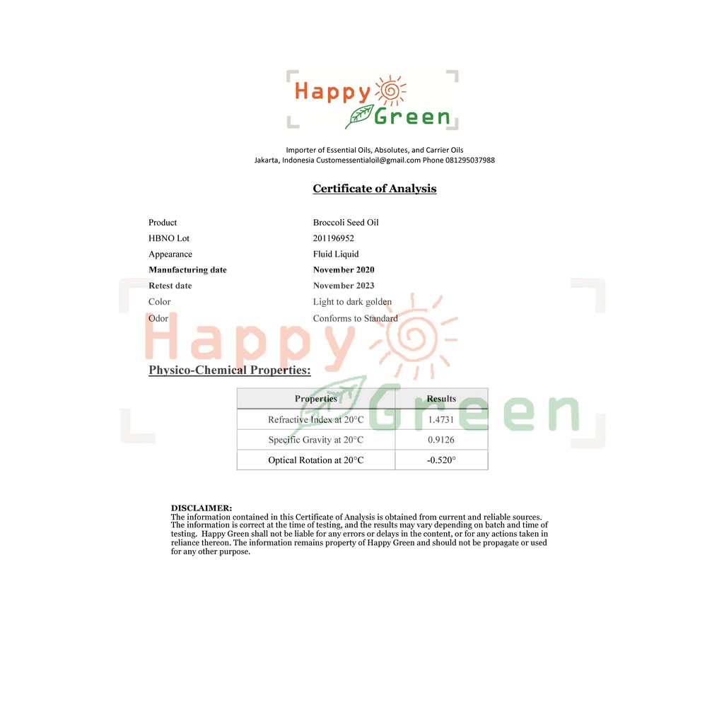 Happy Green Broccoli Seed Oil - Minyak Biji Brokoli Murni