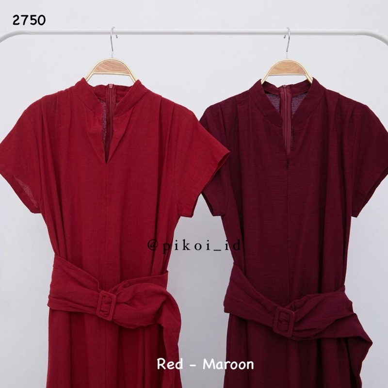 Dress merah imlek cny / dress katun linen wanita / dress maci cantik pesta /  dress maroon ikat 2750