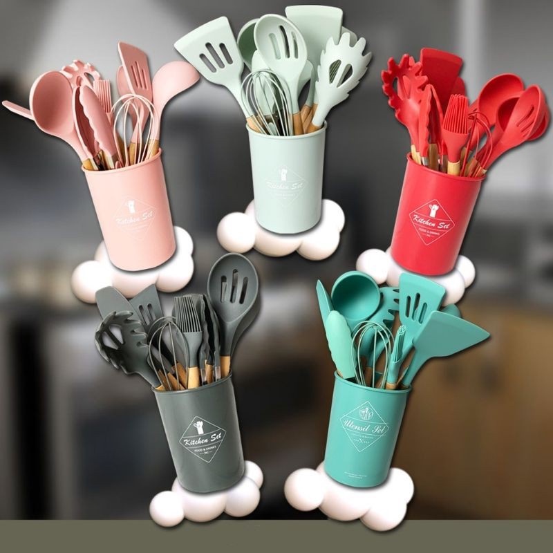 Silikon Spatula Silicone Sodet Alat Masak Set 12pcs Spatula Steak Clip Set Oil Brush Kitchen Cooking-2