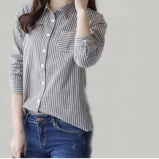 ◌ BAJU KEMEJA WANITA DEWASA HEM CEWEK CASUAL LENGAN PANJANG MOTIF GARIS MARISA STRIPE KATUN BIRU HIT