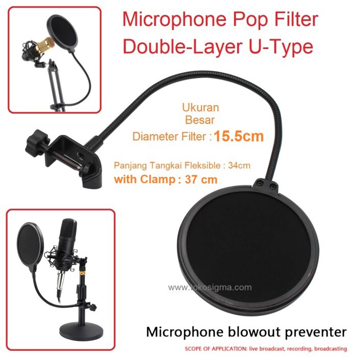 Microphone Mic Filter Pop Up Shield 2 Layer BOP Tangkai Flexible Jepit