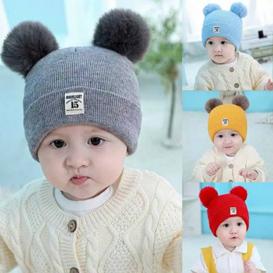 Topi kupluk rajut pompom halus untuk Bayi