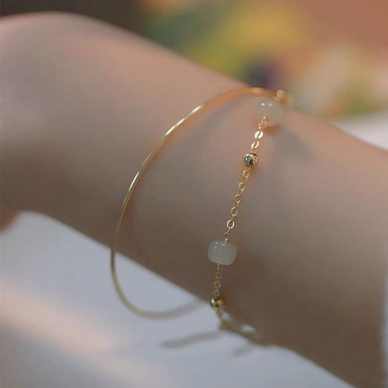 Gelang Manik-Manik Giok Hetian Hijau Opal Model Lapis Ganda Gaya Vintage Korea Untuk Wanita