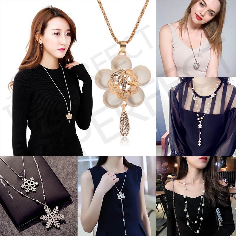 Versi Korea Multi-Lapisan Mutiara Rantai Sweater Panjang Wanita Opal Rose Daun Maple Liontin Kalung Rumbai Rantai Panjang All-Match Fashion Perhiasan