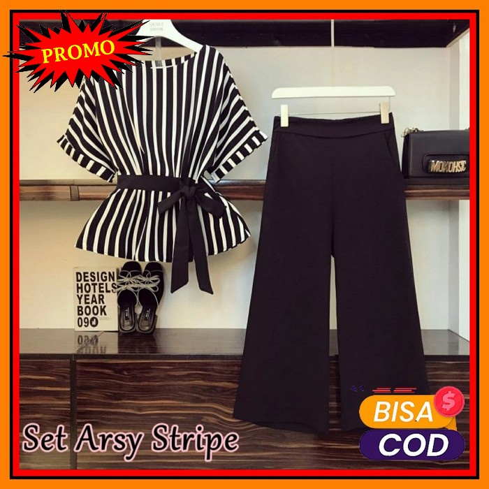 Best Seller Baju Setelan Wanita Oneset Tunik Dress Muslim Essela  OK193 Set Arsy Stripe [Setelan W