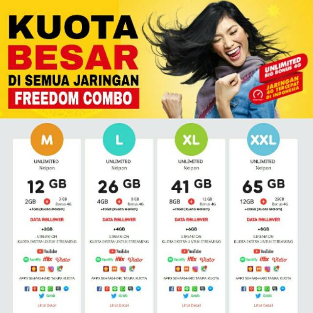 PROMO Indosat Freedom Combo M 12GB/ L 26GB/XL 41GB/XXL 65GB Paket Data Kuota Internet