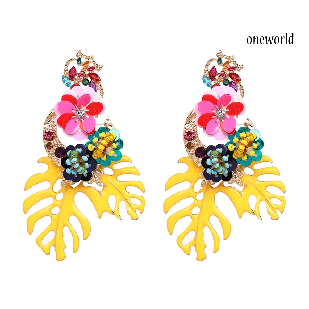 OW@ Vintage Women Leaf Flower Colorful Sequins Beads Rhinestone Statement Earrings