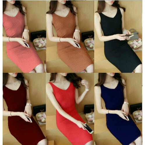 HOPYLOVY - Dress Sleeveless Wanita Kerah V bahan Rajut