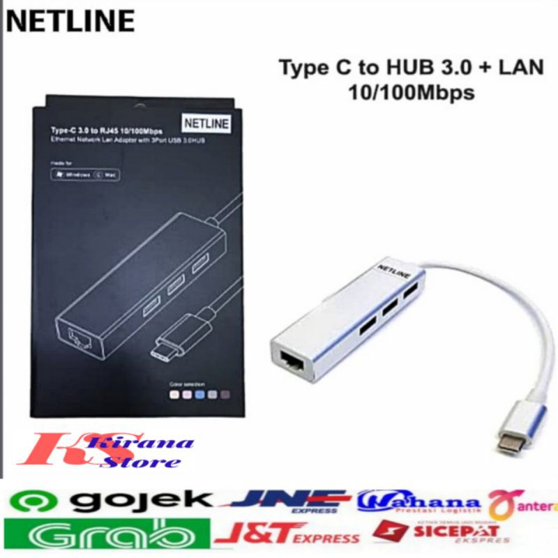 USB TYPE C TO LAN with USB HUB 3PORT NETLINE / CONVERTER USB Tipe C to LAN + 3port USB