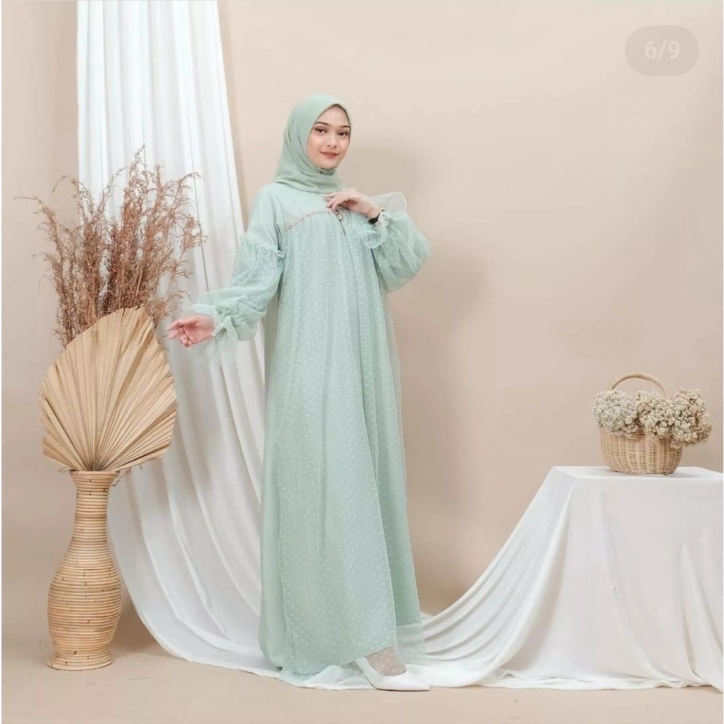 Raufa Dress Baju Muslim Wanita Matt  Moscrepe Mix Tulle dot Size M-XXL / Dress Kondangan Wanita Terlaris / Dress Kekinian / Dress Murah / Dress Terbaru