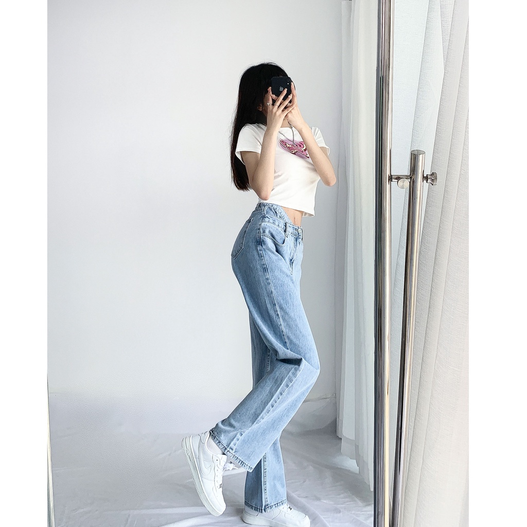 Celana Panjang High Waist Korean Style Straight Jeans Kulot Jeans Biru Wanita Kekinian