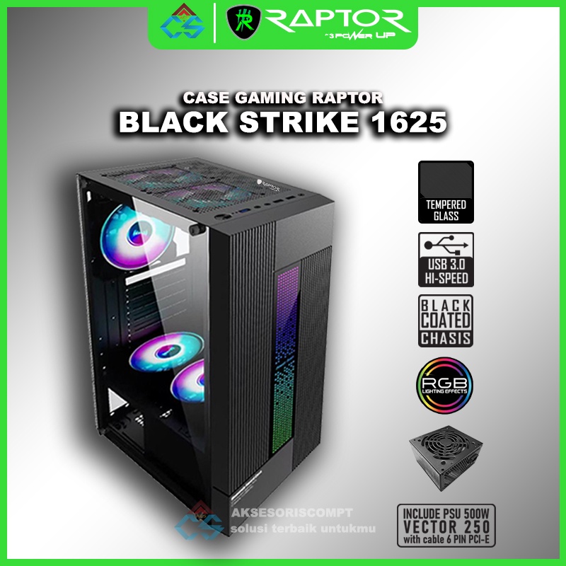 Casing Gaming PowerUp Raptor 1625 With Led Strip - Include PSU 500W