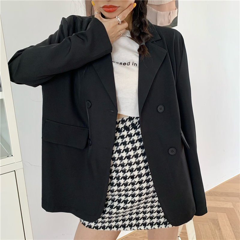 Blazer Kasual Lengan Panjang Model Longgar Warna Solid Gaya Korea Untuk Wanita