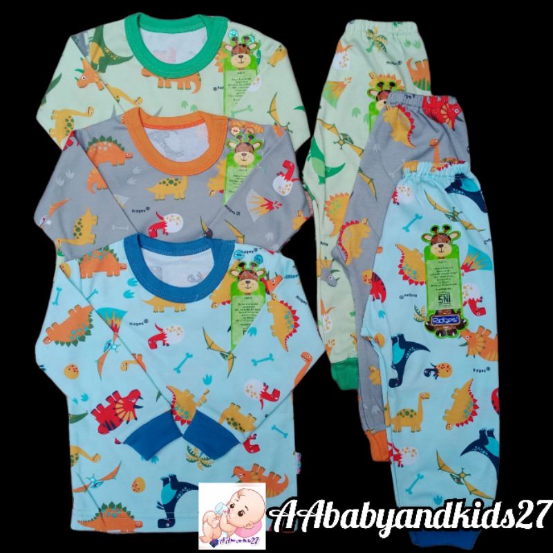 3Pasang Setelan Ridges Lengan Panjang Kancing Bahu Full Print Dino Parasut Ukuran S M L XL SNI