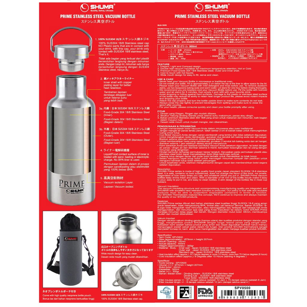 SHUMA Vacuum Flask + free bubble Botol Termos Air Panas dan Dingin Portable termos shuma stainless steel Ukuran 350ml 500ml 750ml 1 liter + free bubble