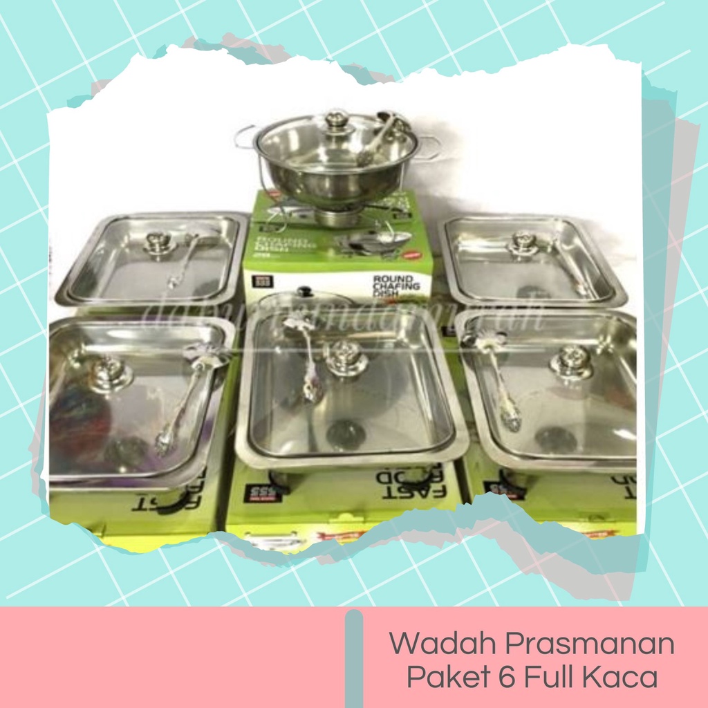 Set Wadah Prasmanan Stainless Paket 6 set Full Tutup Kaca, Tempat Lauk Stainless Prasmanan