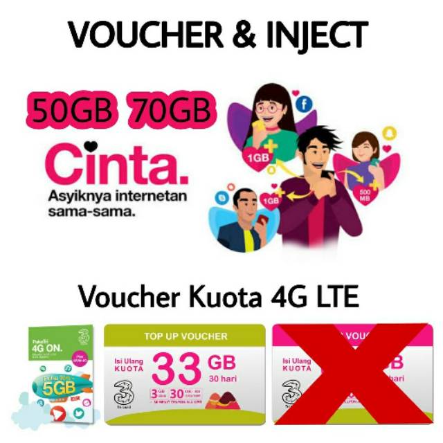 Promo Voucher Inject Paket Data Kuota Internet Tri 3 Three 4g Lte Kuota Cinta 5gb 33gb 66gb Shopee Indonesia