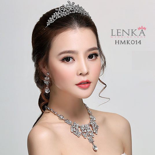 Aksesoris Crystal Wedding Modern  Paket Crown Kalung Anting Pengantin Lenka - HMK014