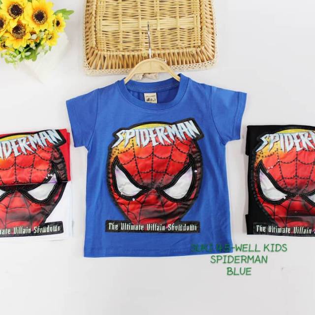 Baju kaos anak laki cowok LED lampu menyala spiderman hitam biru merah black red blue T-shirt 90-180