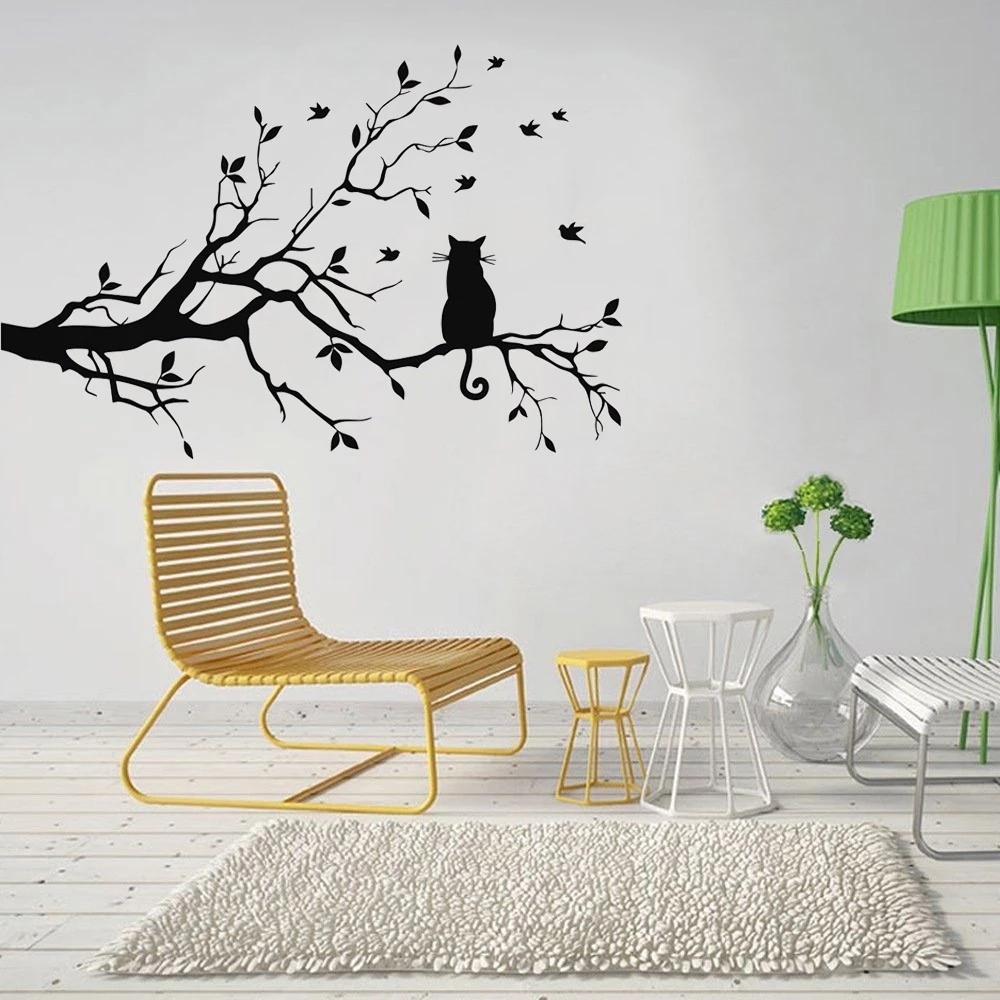 Stiker Dinding Desain Cabang Pohon Kucing Untuk Dekorasi Ruang Tamu / Kamar Tidur