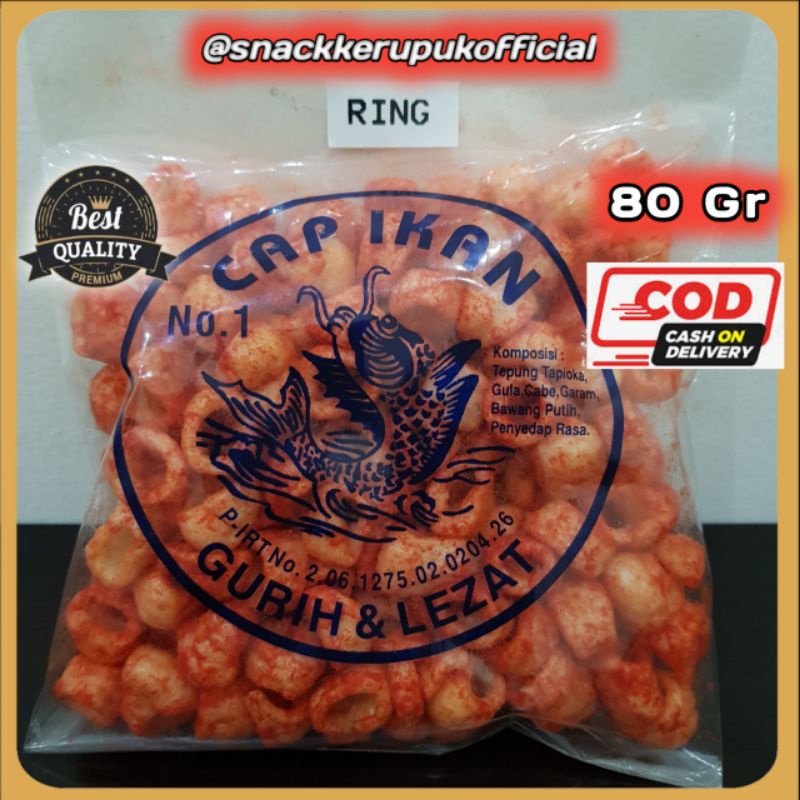

Snack Kerupuk Model Ring Cap Ikan Keripik Pedas Balado 80 Gr
