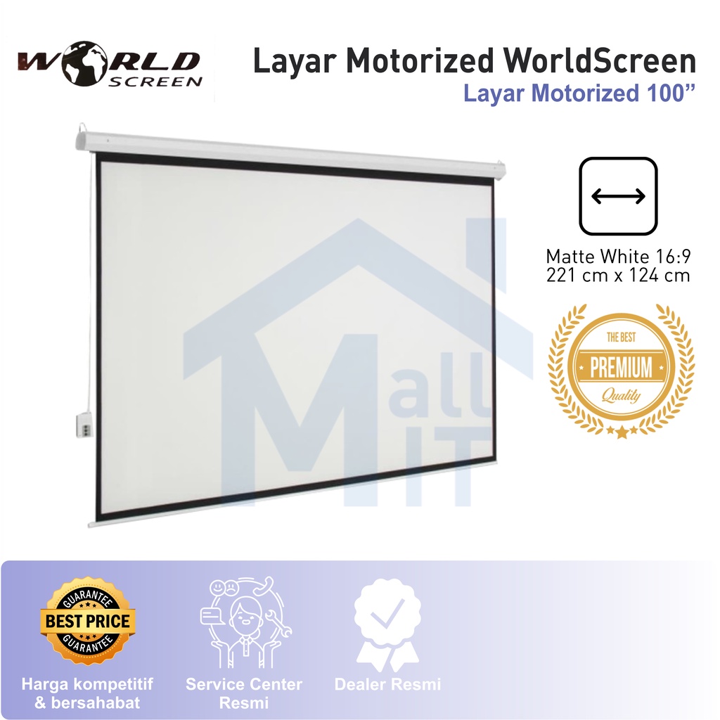 Mdn Layar MOTORIZED PROYEKTOR 100 inci 16:9 WORLD SCREEN 221cm x 124cm