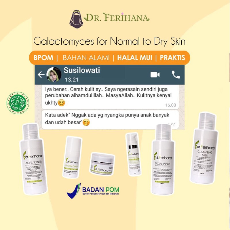 Galactomyces Day Cream Normal Dry dr. Ferihana Cosmetics &amp; Skincare Merupakan Krim Siang untuk Kulit Normal Kombinasi Kering Mampu Melembabkan Mencerahkan dengan SPF 35 Sekaligus Anti Aging BPOM LPPOM HALAL MUI