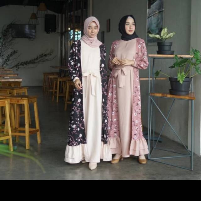 gamis 2in1 inner dan outer motif bunga