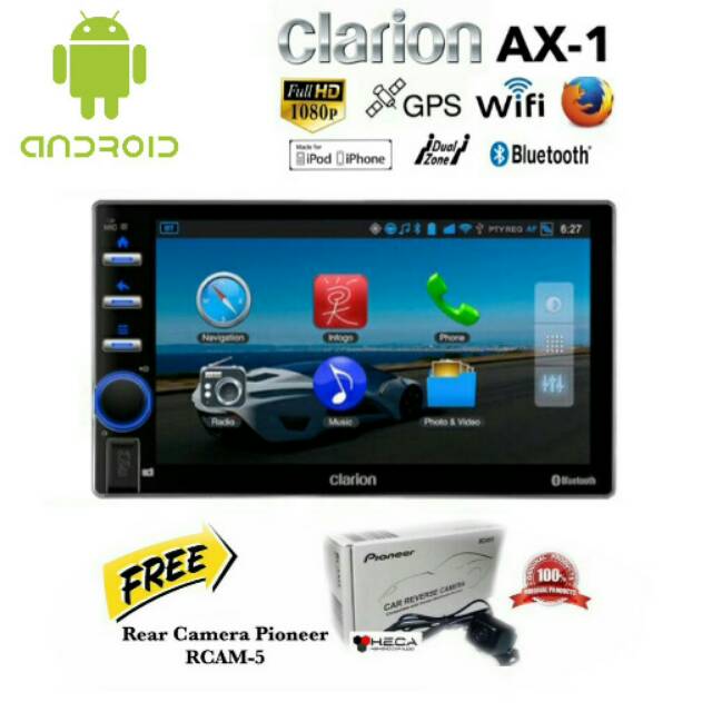 Paket Clarion AX-1 Android GPS Head Unit AX 1 Tape Double din AX1 Audio Mobil + Rear Camera Pioneer