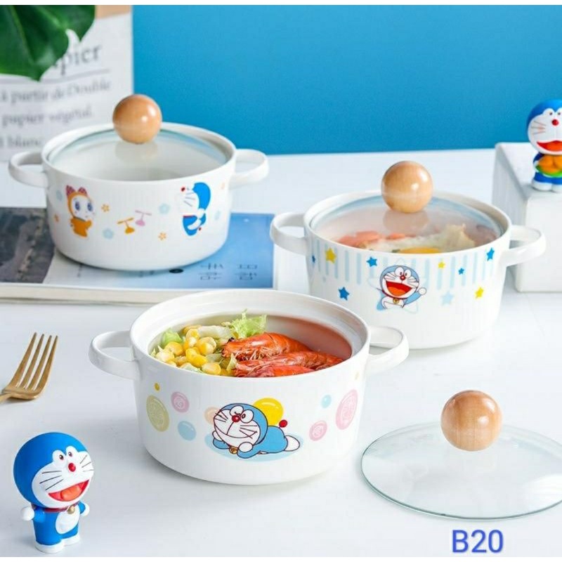 Mangkok Keramik Doraemon Tutup Kaca Panci Keramik Wadah Sup Obat Cina Kuah Tempat Makan Ceramic Soup Bowl Pan