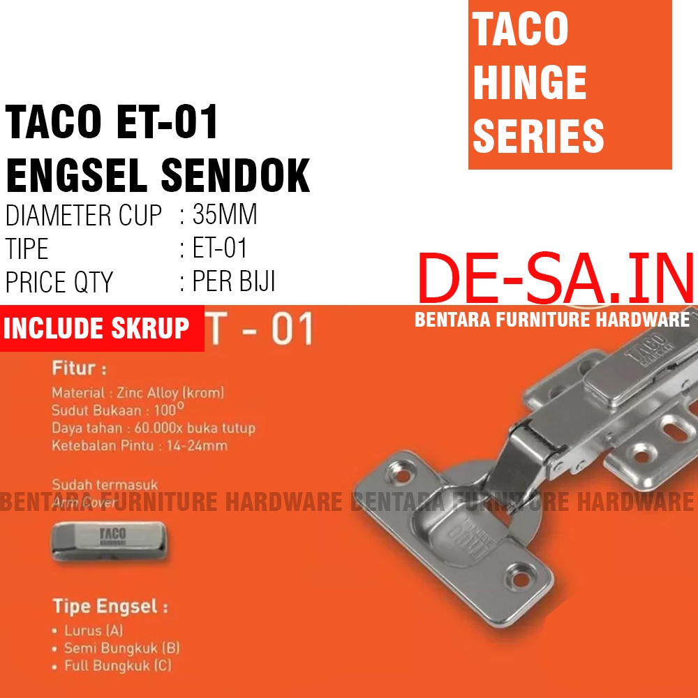 TACO ET-01 ET-02 35MM ENGSEL SENDOK SLOW MOTION  ZINC ALLOY STAINLESS SUS-304 SOFT CLOSED Hidrolik Lurus Setengah Full Bungkuk