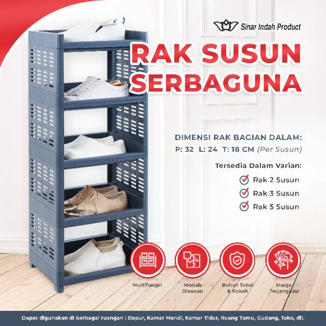 Rak Susun 5 Rak Plastik Susun Rak Serbaguna 5 susun, Dimensi Keseluruhan 38x30x94cm